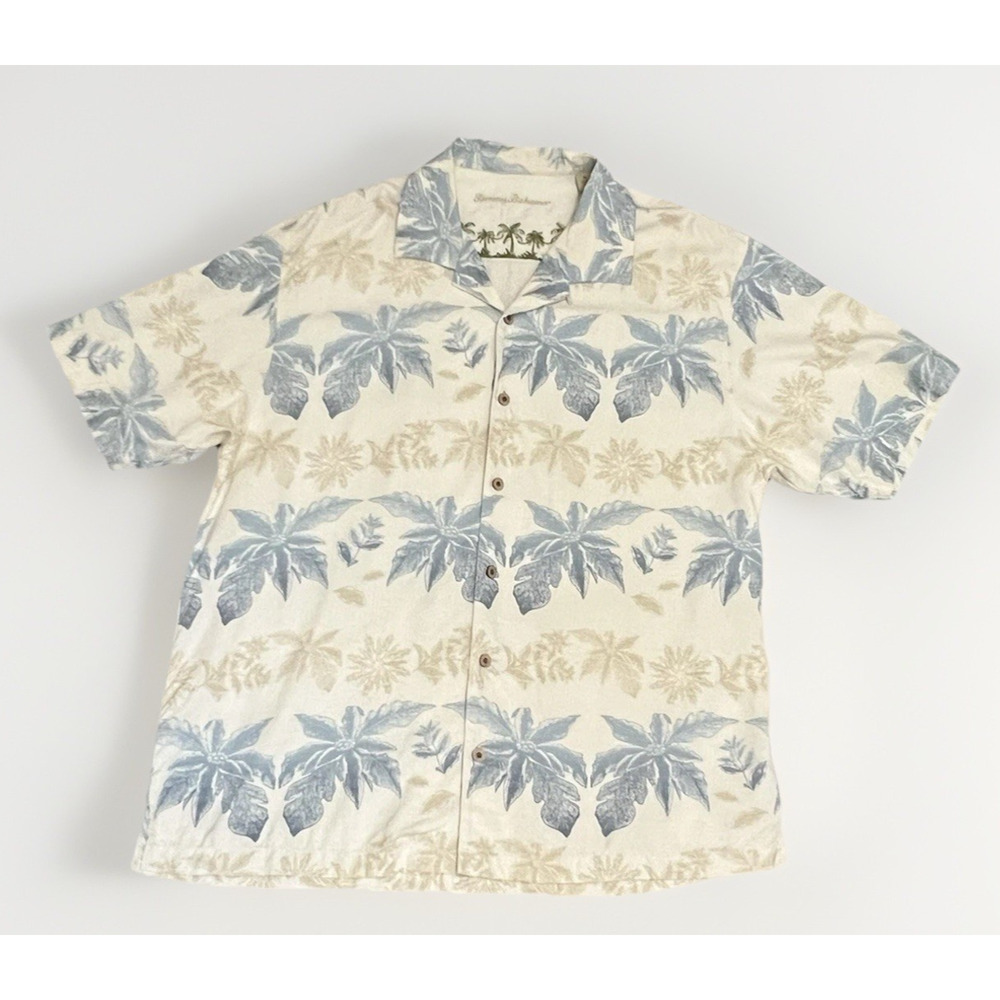 Tommy Bahama Button Up Silk Shirt Mens Sz XL Blue Tropical Floral Wood Buttons